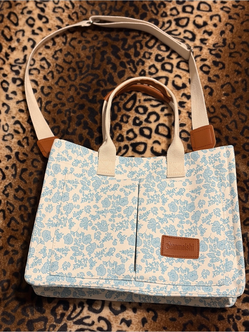 Blue Floral Canvas Tote Bag with Cream Straps